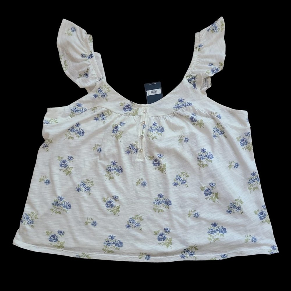 Lucky Brand Ruffle Sleeve Tank Top Floral Print Button Front Size L